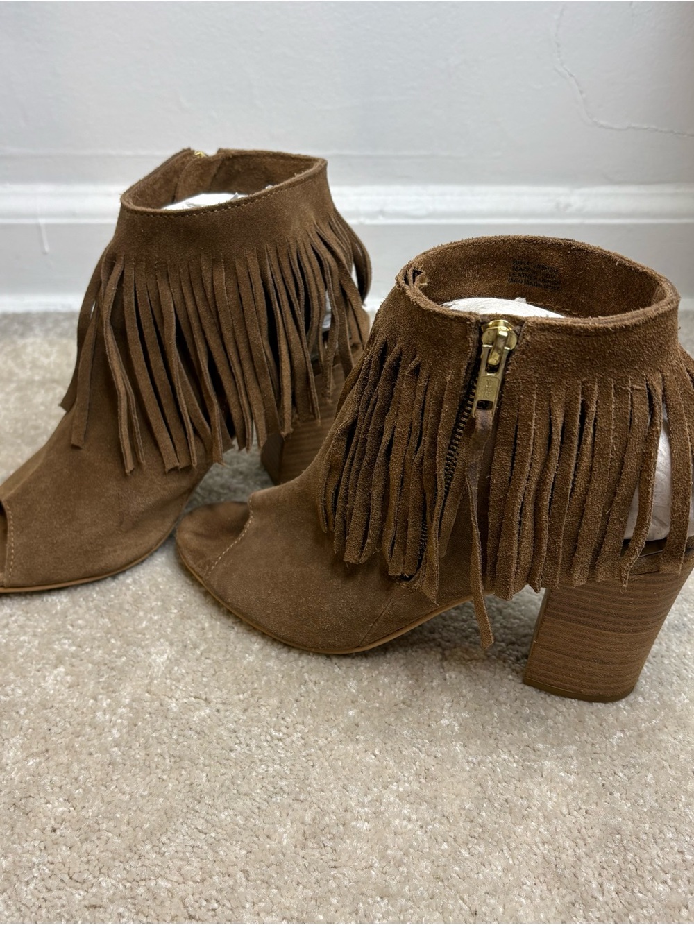 Fringe Suede Open-Toe Block Heel Ankle Boots/Booties - TAN